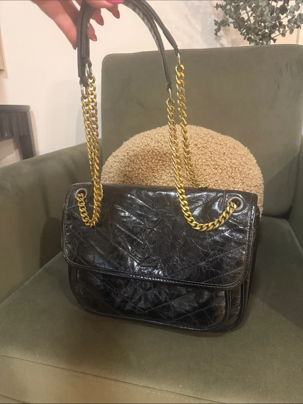 YSL Black Leather Shoulder Bag with Gold Chain